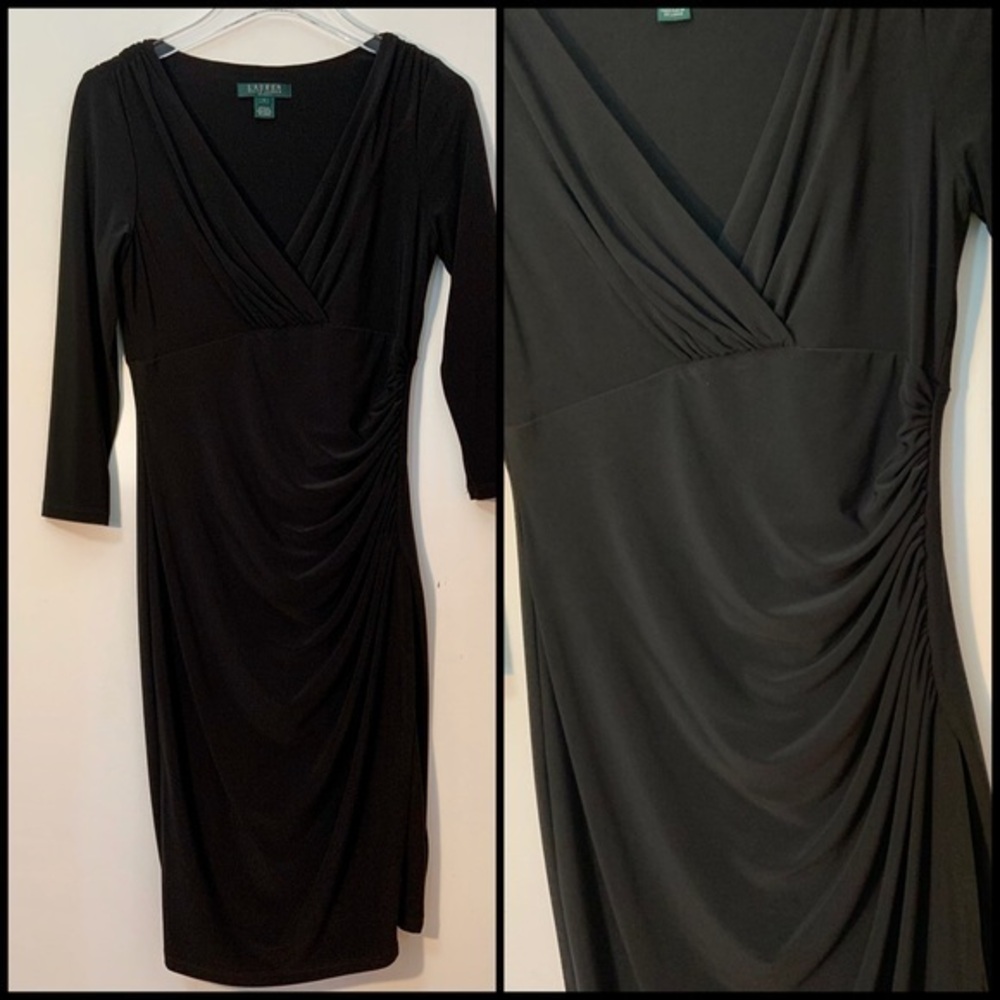 Ralph Lauren Black Ruched Fitted V Neck Sheath Dress Size 4